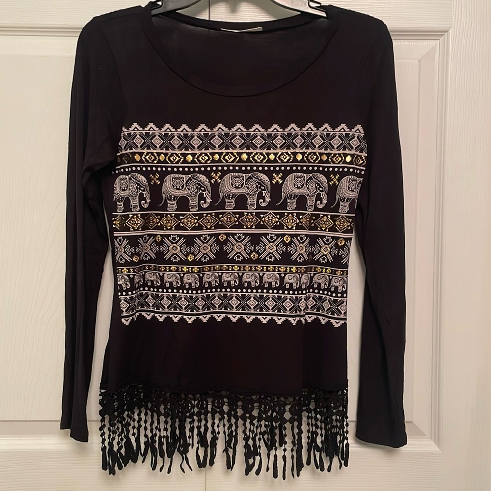 🌷23 Love Street Elephant Print Long sleeve Top with Crochet Fringe Hemline